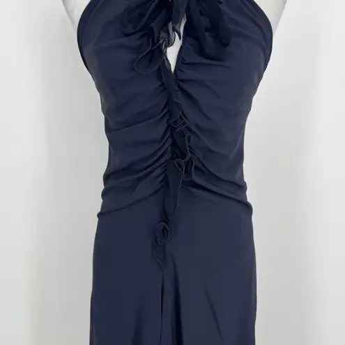 Fuzzi Halter Dress Size 42 US 6 Navy Silk Blend Ruched Ruffle Midi Elegant Chic Blue