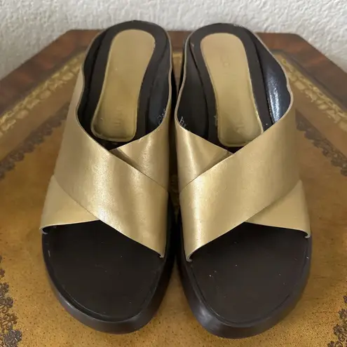 Enzo Angiolini Y2K Womens Gold Brown Leather Chunky Heel Platform Sandals Size 8