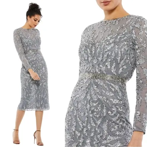Mac Duggal platinum Embellished Illusion Sheath Sequin Midi Dress NEW