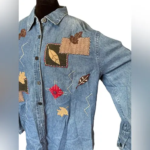 Passports  Vintage 90s Denim Festive Fall Seasonal Leaf Geometric Button Up Top