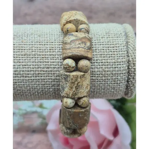 None Boho Natural Stone Brown Marbled Stretch Bracelet Minimalist