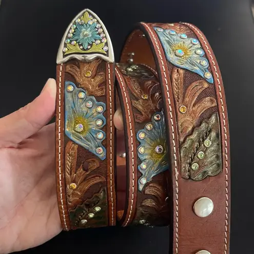 Western Tooled Leather Studded Rhinestone Belt Brown