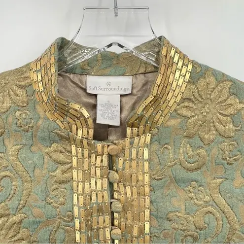 Soft Surroundings green gold floral brocade embellished evening blazer jacket S