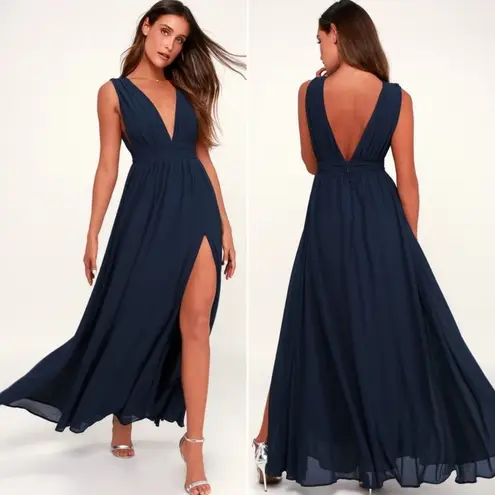 Lulus Heavenly Hues Maxi Dress Gown Deep V Modest Leg Slit Navy Blue Small Prom