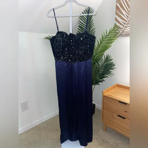 Badgley Mischka Jumpsuit Womens 16 Blue Black Rose Sequin Satin Wide Leg