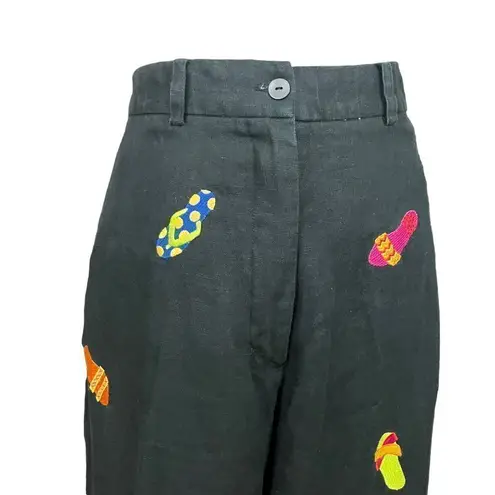 St. Tropez West Black Linen Novelty Summer Shoe Print Pants 12