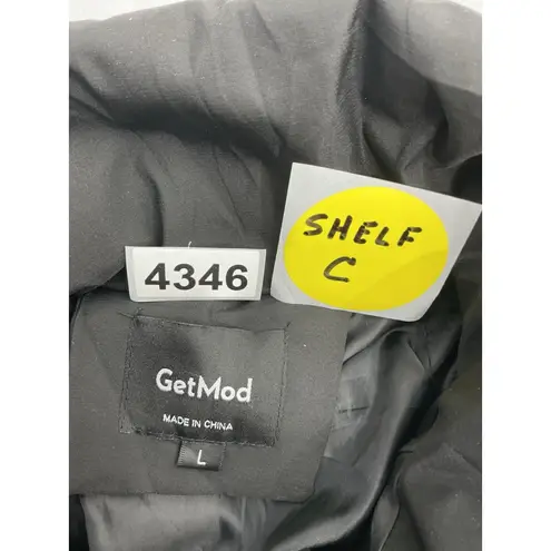 Womans Get Mod Quilted Puffer Coat Large Black Lined Long Hood Full Zip Snap