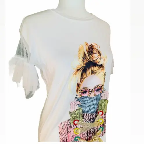 Printed Bandage Drawstring Loose Pullover White Size M