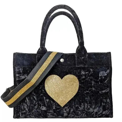 NWT Quilted Koala Crushed Velvet Midi East West Bag w/ Gold Glitter Heart Strap Black