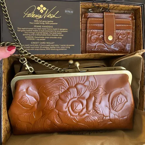 Patricia Nash Authentic LEATHER EMBOSSED GRAPE LEAF FRAME CROSB/CLUTCH/WALLET