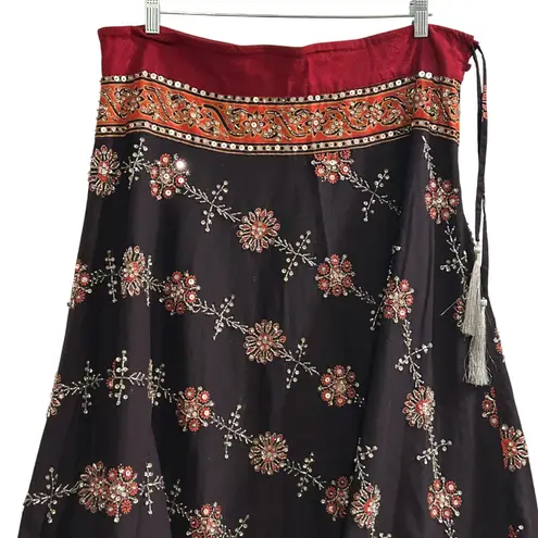 Soft Surroundings Wrap Skirt Beaded Floral Print Maroon Red Maxi Length TL