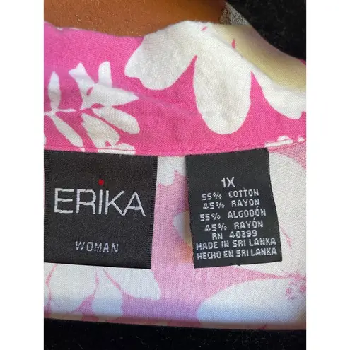 Erika  Woman 1X Pink Hawaiian Button-Up Shirt with White Flowers EUC, Lightweight