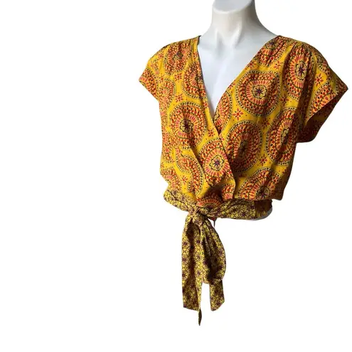 Anthropologie Maeve Cap Sleeve Wrap Top Mixed Media Yellow Printed Blouse, Sz S
