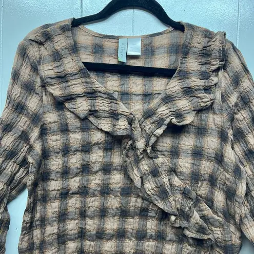 Sahalie Gingham Print Women's Ruffle Neck 3/4 Sleeve Cotton Top Size Medium Black