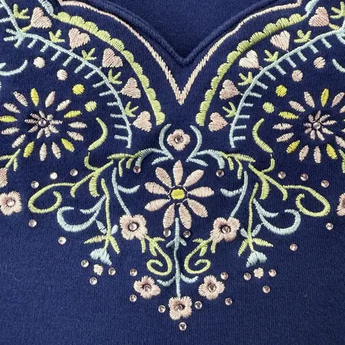 Quacker Factory Blue Floral Embroidered Rhinestone 3/4 Sleeve Knit Top Size XL - Image 4