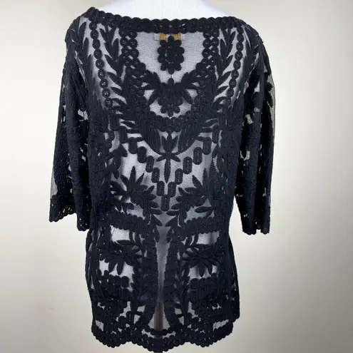 Laundry by Shelli Segal ‎ Blouse Large Black Lace Brocade Over Mesh Scalloped Hem