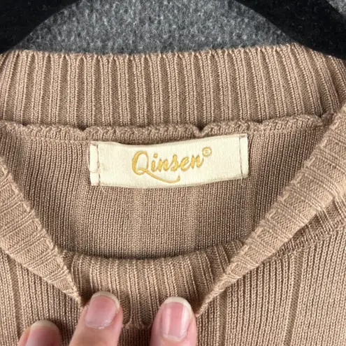 Qinsen Women's Crew Neck Tan Sleeveless Ribbed Knit Tank Top *See Measurements* Brown Size 4