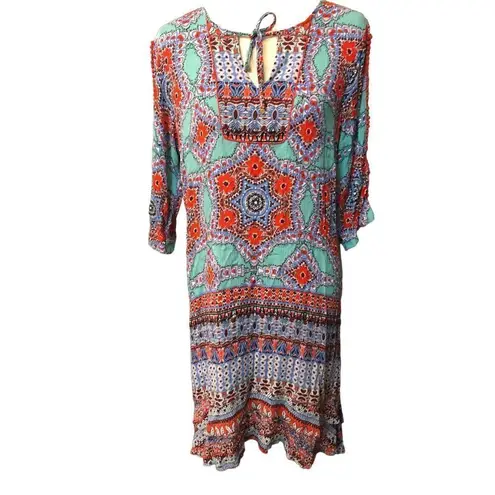 Democracy boho medallion teal and off red orangish paisley print 3/4 sleeves wit