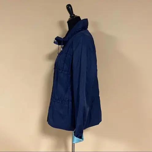 Tahari 🛍️ Navy Blue Mint 3/4 Sleeve Hoodless High Collar Ruffle Frill Jacket L