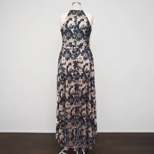 Betsy and Adam . Layla Halter Top Foil Print Gown.