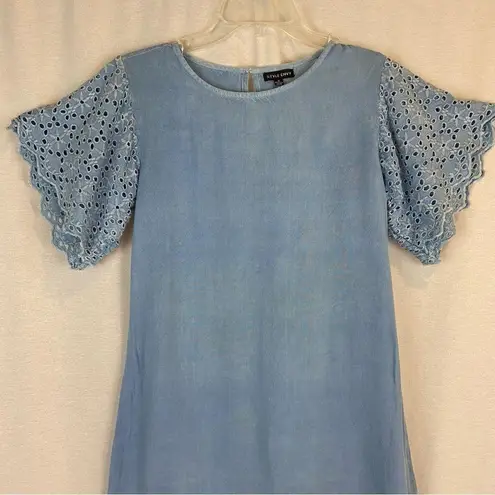 Eyelet Sleeve Pale Denim Chambray Blue Mini Dress by Style Envy Fairy Feminine