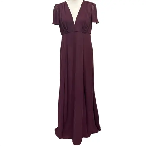 Joanna August Plum Chiffon Flutter Sleeve Maxi Bridesmaid Wedding Guest Dress