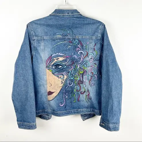 TOUMA Blue Back Half Face Graphic Long Sleeves Double Chest Pockets Jean Jacket Size M