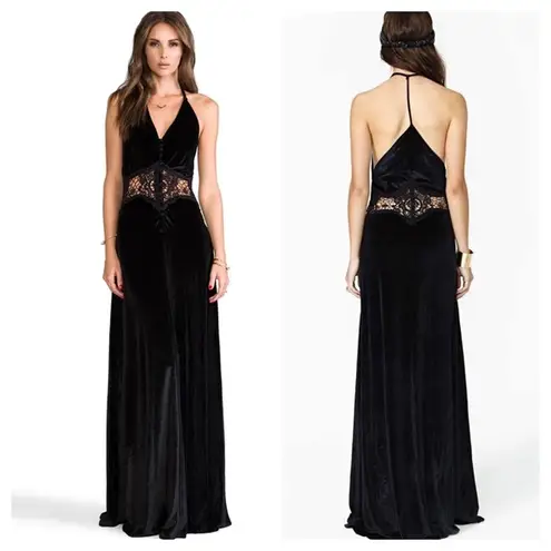 Revolve NWT Jarlo Siobahn Black Crushed Velvet Lace Cut Out Maxi Dress XXS Formal