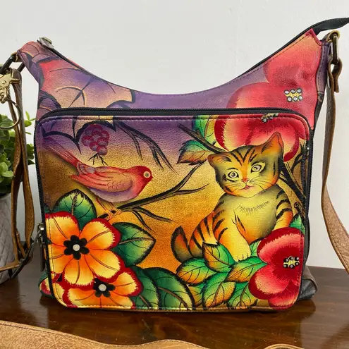 Anuschka Hand Painted Multi Pocket Hobo Leather Crossbody Bag Cat Floral Motif Tan