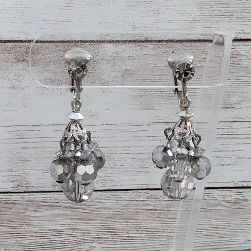 Vintage Clip On Earrings Long Metallic Dangle Silver