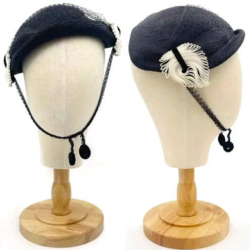 Vintage 50s Tilt Hat Black & Cream Straw Close Style Fascinator Black Mesh Veil