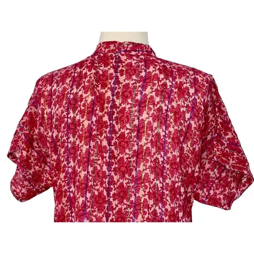 Vintage Metallic Sheer Chiffon Pink Floral Boho Button Up Maxi Kaftan Dress OS Size undefined