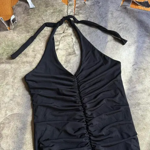 Black Ruched Mini Halter Dress With Mesh Overlay Size M