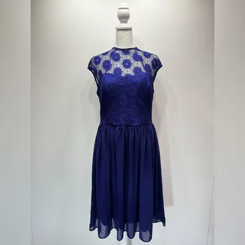 Mystic Royal Blue Sheer Lace Yoke Sweetheart Neckline Sheer Overlay Dress Made in USA