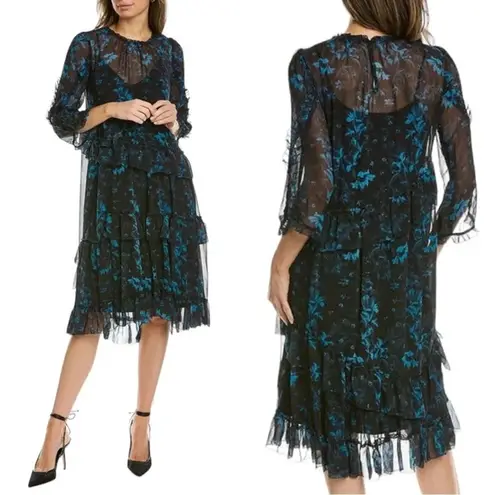 ALLSAINTS Macey Cultivar Chiffon Floral Midi Dress Black and Blue Size XS NWT