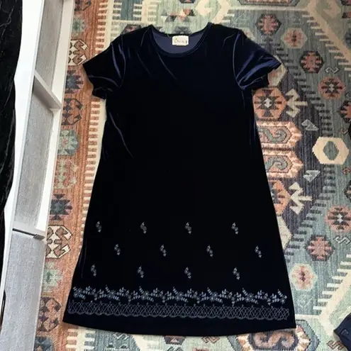 SWAT Velvet Blue Shift Dress with Blue Floral Beaded Embroidery Vintage 90s Size 18
