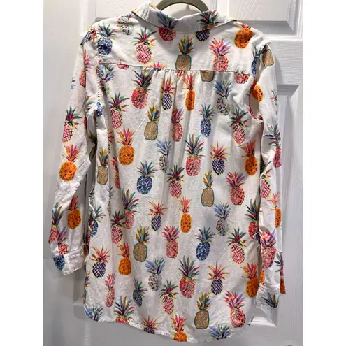 Sigrid Olsen Linen Pineapple Print Tunic Top Button Front Shirt Blouse S - Image 5
