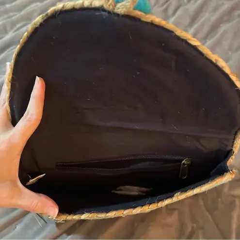 AMERICA & BEYOND Sunset Striped Staw Woven Jute Clutch Purse Tan Blue OS NWT