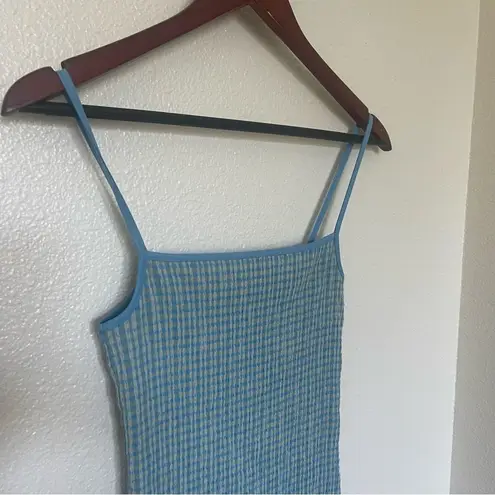 Wilfred XS Body Con Rouched Mini Dress Blue Spaghetti Straps Ribbed Stretchy