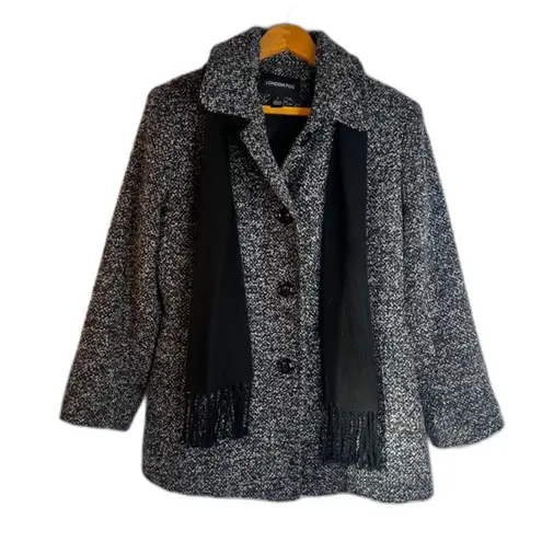 London Fog Tweed Wool Blend Peacoat w/ Scarf Single Breasted Size Large Classic