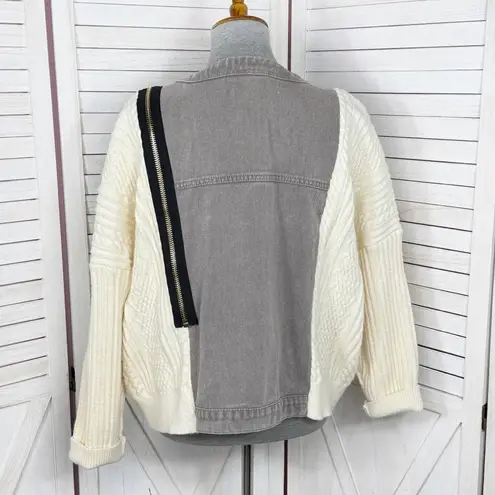 Porter Collective Denim Knit Bomber Sweater Jacket Taupe Cream Small Gray