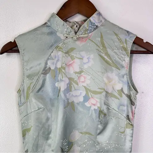 Chinese Stretch Satin Mandarin Floral Gown Light Green Size M Blue Size M