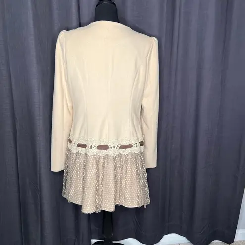 A’REVE Victorian cream button front peplum lace & ribbon pea coat Size Large Brown