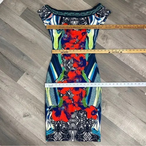 Jealous Tomato Tropical Print Bodycon Sheath Dress Red Blue Small Off Shoulder