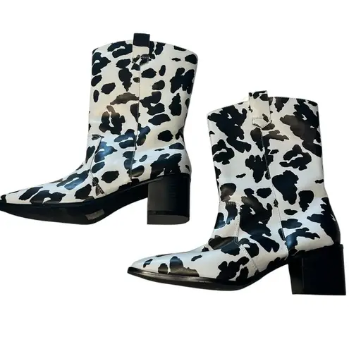 Cow Print Faux Leather Cowgirl Boots White Black Pointed Toe Festival Size 9