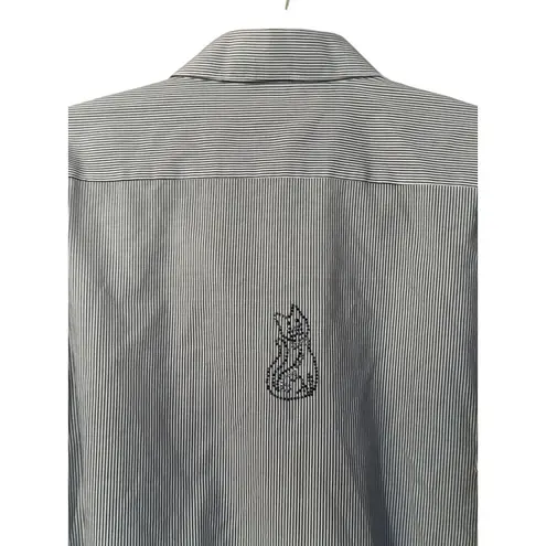 LASOLAS Pinstripe Button Up Shirt Rhinestone Cat Embellished Pockets L Black Size L