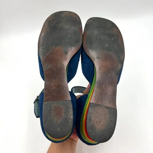 Vintage Rhea Nichols Suede Wedges Mary Jane Shoes Blue Rainbow Memphis Size 9