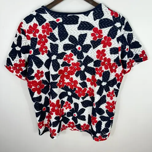 Alfred Dunner Textured Floral Top Womens M Navy Square Neck Retro Preppy Resort Blue Size M