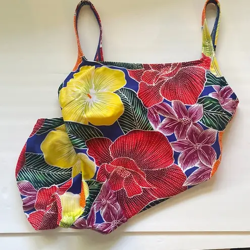 La Blanca Y2K Rod Beattie blue tropical floral print one piece swimsuit, size 16