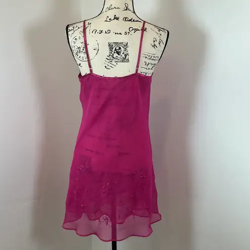 Valerie Stevens Hot Pink Sheer Slip Dress Ruffle Neckline, Embroidered Hem, Y2K Party Mini Dress